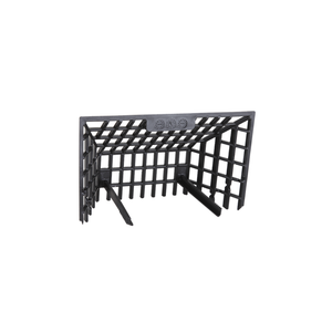 A black, hard plastic leafguard in the shape of a footboal net. 
