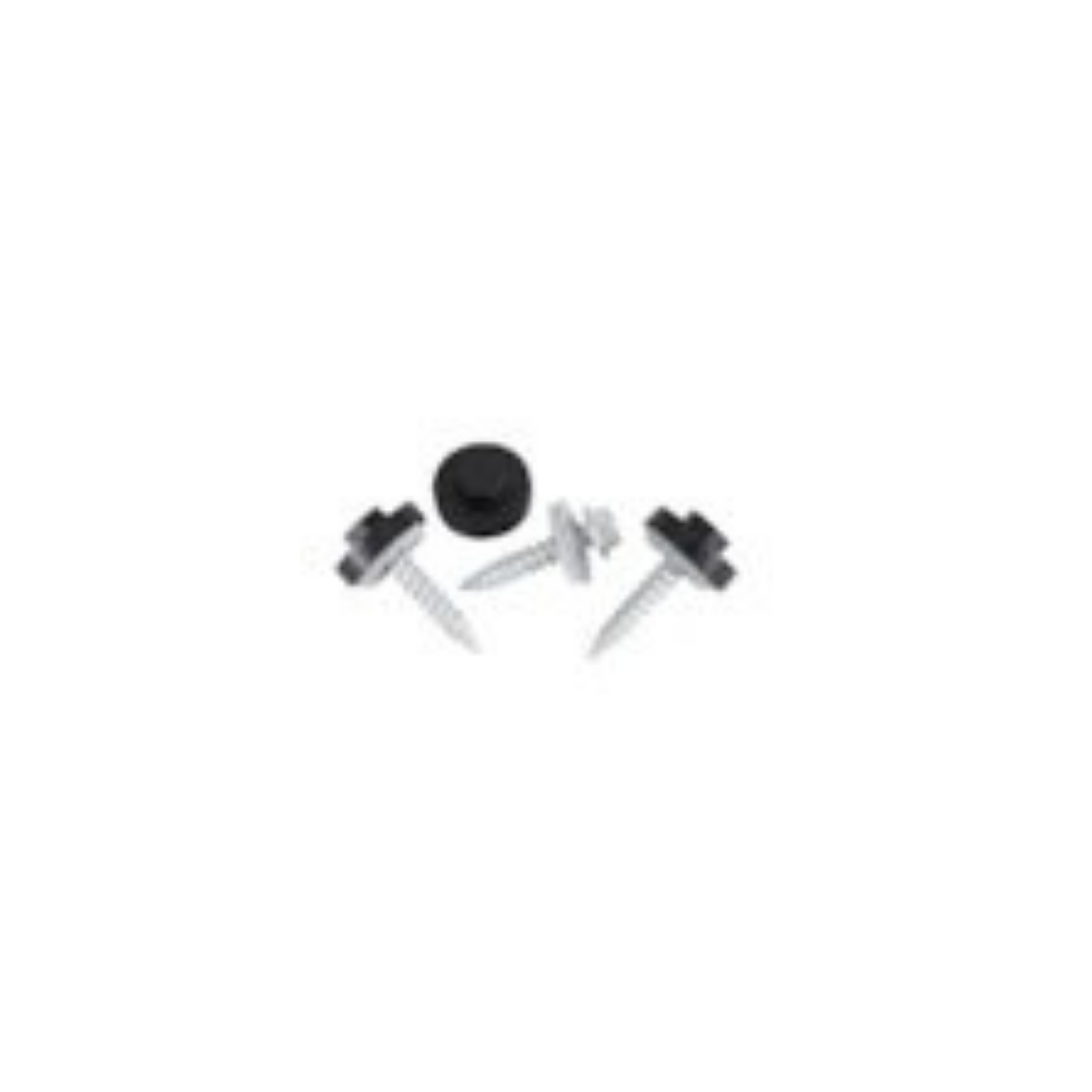 3 screws, two with their black hex caps on, one without, and one hex cap on its own.
