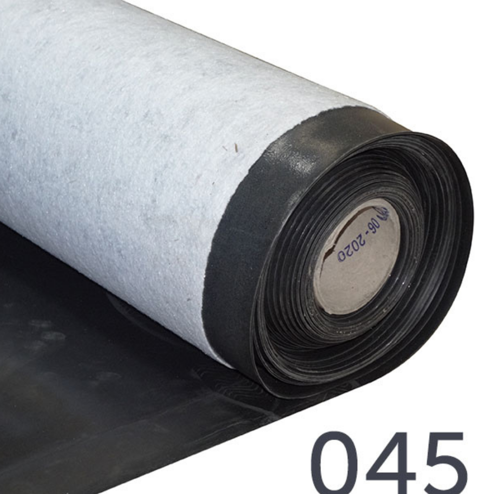 A close-up of a roll of pale grey, fleece-backed EPDM membrane, showing the cardboard inner tube.