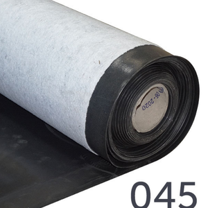 A close-up of a roll of pale grey, fleece-backed EPDM membrane, showing the cardboard inner tube.