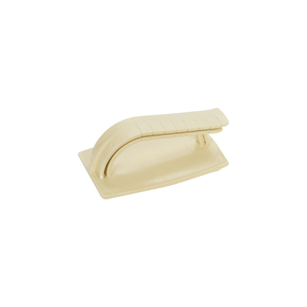 A cream-coloured, hard plastic rectangular frame with a handle: scrubber pads can be attached to the underside for easr of use.