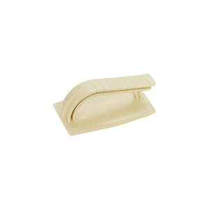 A cream-coloured, hard plastic rectangular frame with a handle: scrubber pads can be attached to the underside for easr of use.