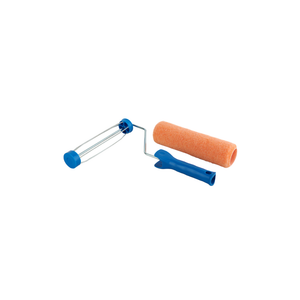 A metal roller frame with a bright blue, hard plastic handle. 