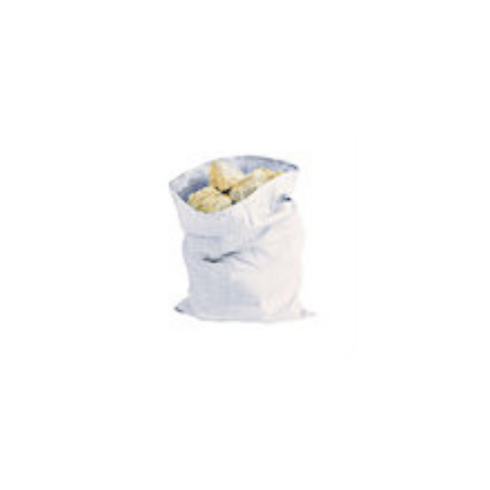 A white rubble sack, shown filled with rubble.