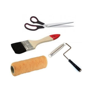 A roller frame with a black handle, a cream-coloured, fluffy roller sleeve, a paintbrush and a pair of scissors: colours are for illustrative purposes only.