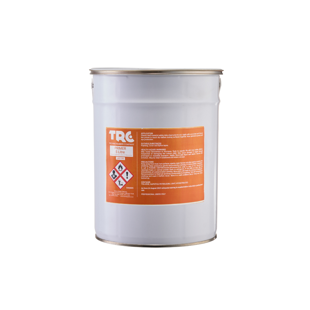 A 5-litre can of TRC primer, with an orange label bearing usage instructions and cautions.