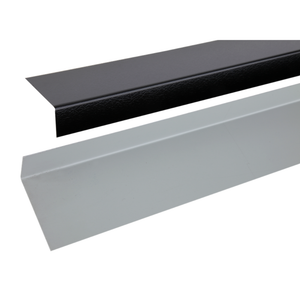 2 lengths of textured-finish wall trim, shown diagonally, the upper one black, the lower one grey.